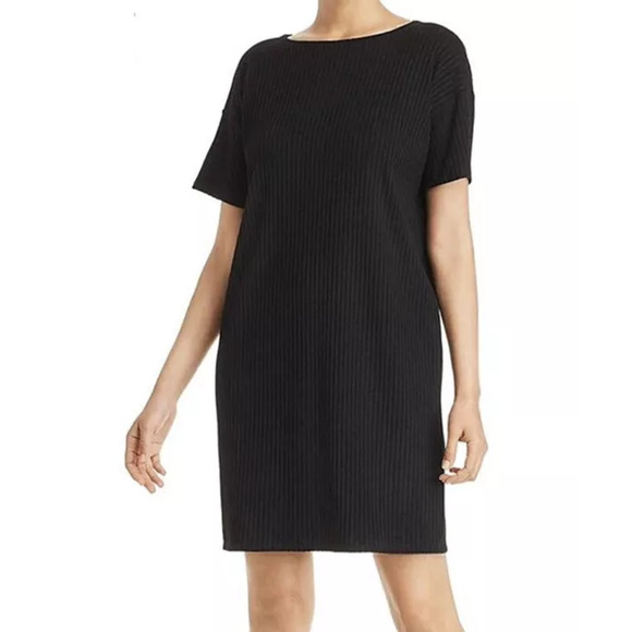 Eileen Fisher Ribbed Bateau Neck Short Sleeve Dress Black M - Picture 1 of 7